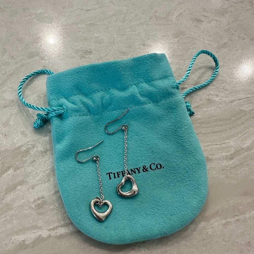 Tiffany & Co. Elsa Peretti Open Heart Drop Dangle Sterling Silver Earrings